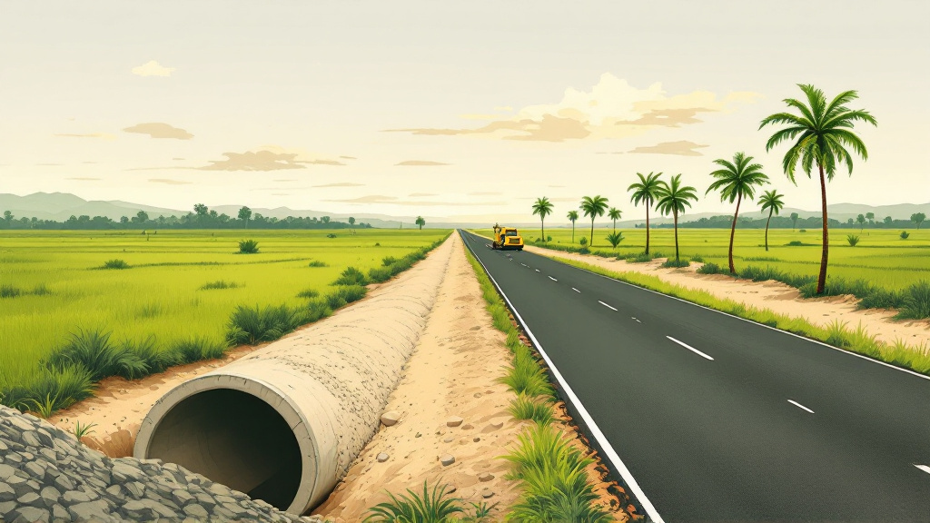 A new two-lane road crossing flat green land, with a culvert and unfinished gravel stretch in the foreground.