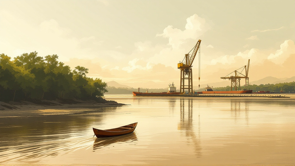 Empty new wharf with a tall crane on the brown Berbice River, a cargo ship waiting offshore at dawn.