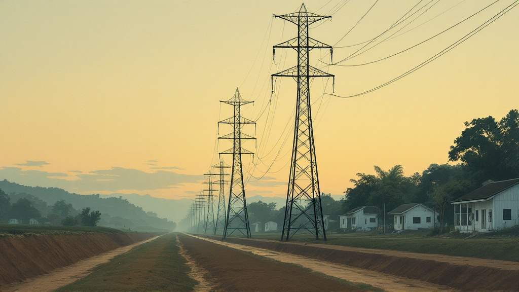 Monopole power line beside a brown canal near dark white wooden houses on Guyana's East Coast at dusk