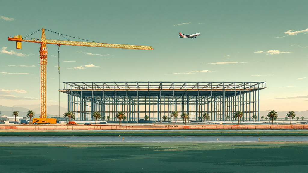 Steel frame of a new airport terminal under construction with a crane and a jet overhead at dusk.