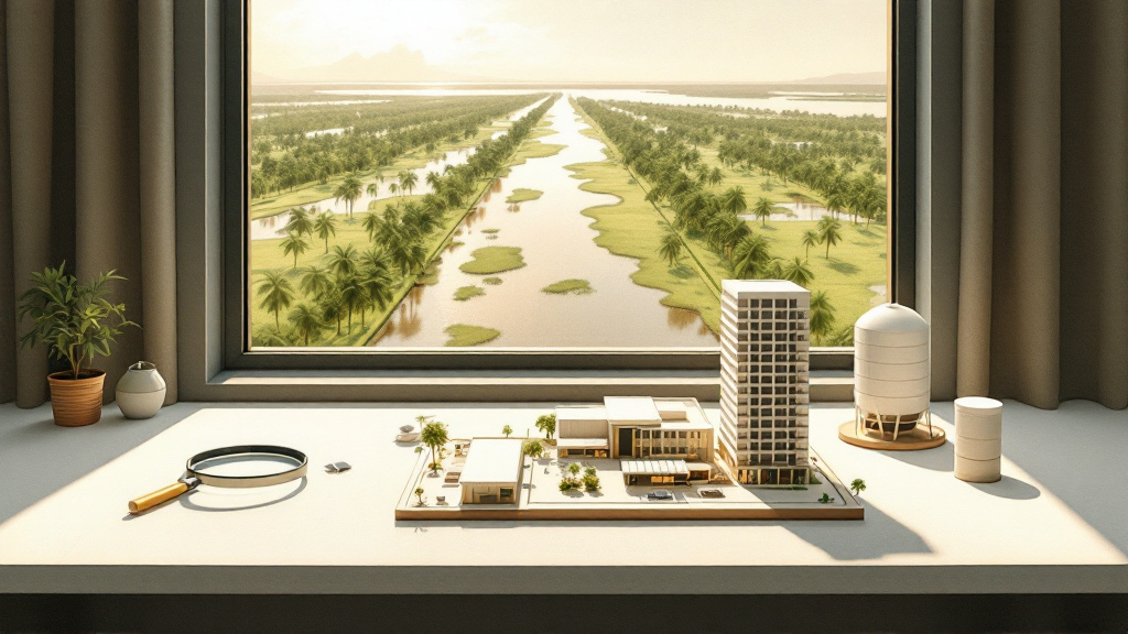 Scale model of a mall and condo complex beside a magnifying glass, with a flat Demerara landscape behind.