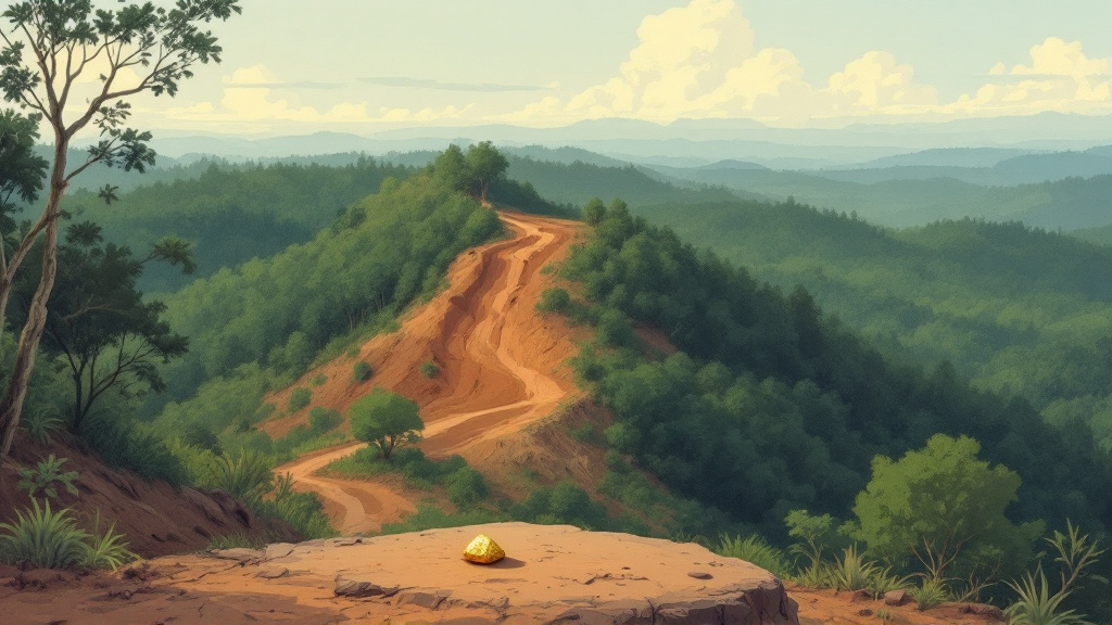 Forested ridge in Guyana's interior with a small drill rig, red earth trench and a gold nugget on a rock.