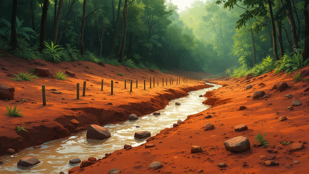Grid of wooden survey stakes on red earth beside a rainforest creek, with gold-flecked rocks in the foreground.