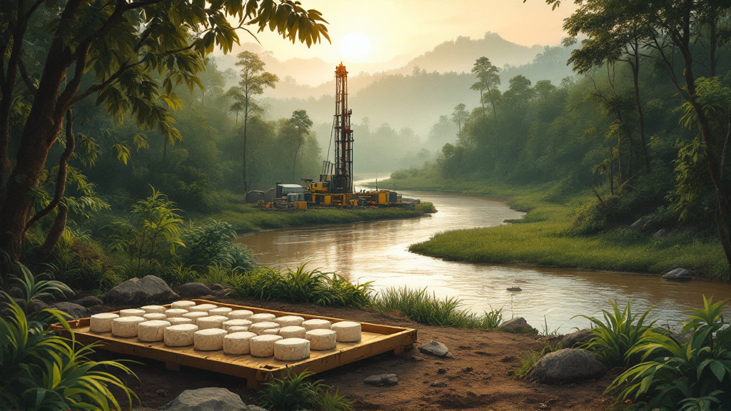 Rock core samples on a wooden tray beside a drill rig above a brown river in Guyanese rainforest at dawn.