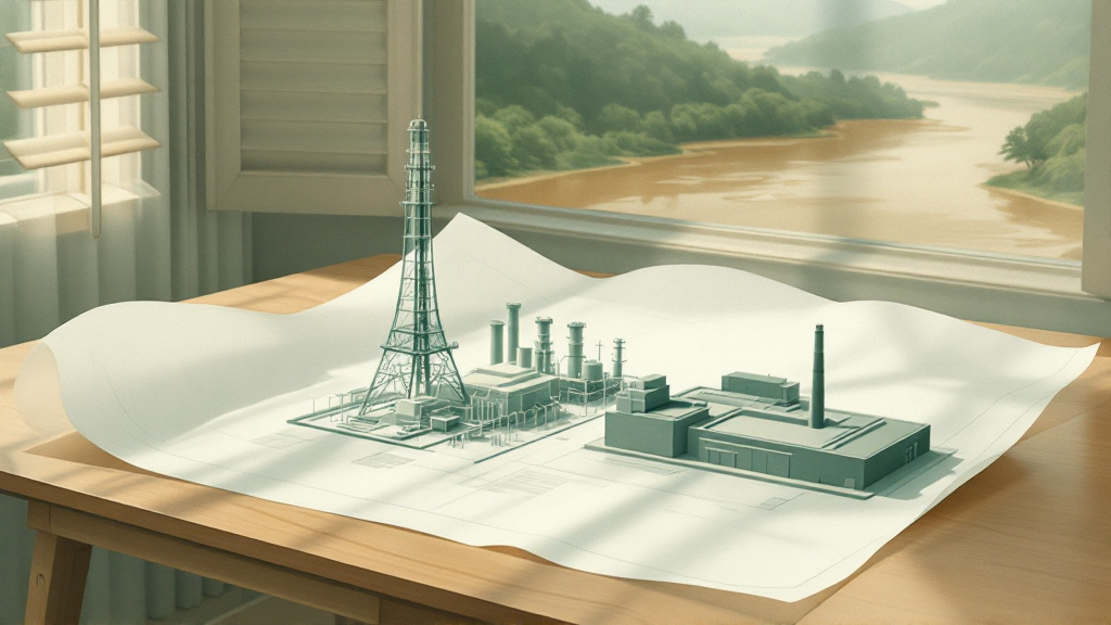 One large sheet of paper covers models of a gas processing plant and a power station beside a window onto a brown river.