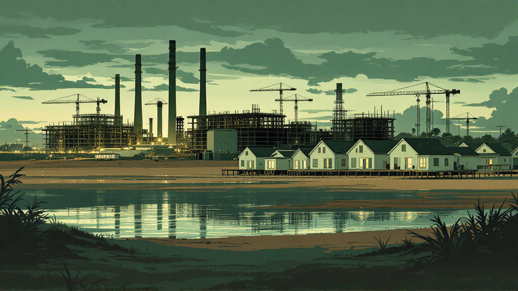 Unfinished gas power plant with stacks and cranes on Guyana's flat coast, with lit white wooden stilt houses in the foreground.