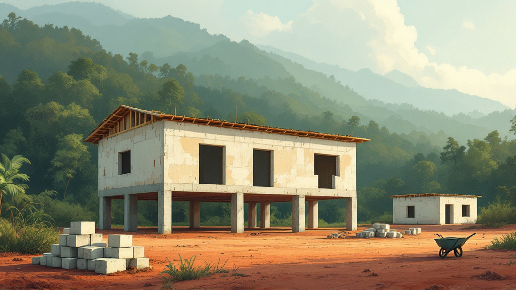 Unfinished school buildings with bare walls and foundations in a rainforest clearing in Guyana's interior