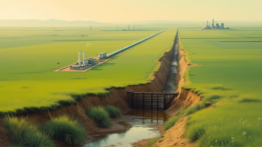 Gas pipeline crossing flat Guyanese coastland to a processing plant and power station beside a brown canal with a koker.