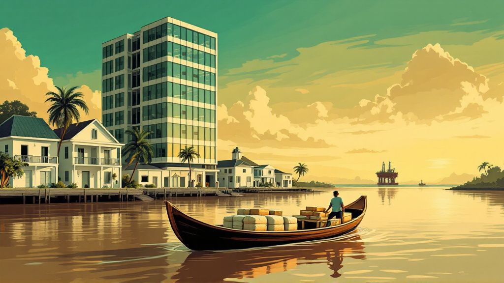 Modern office tower beside white wooden Georgetown houses across a brown river, with a cargo boat and distant oil platform.