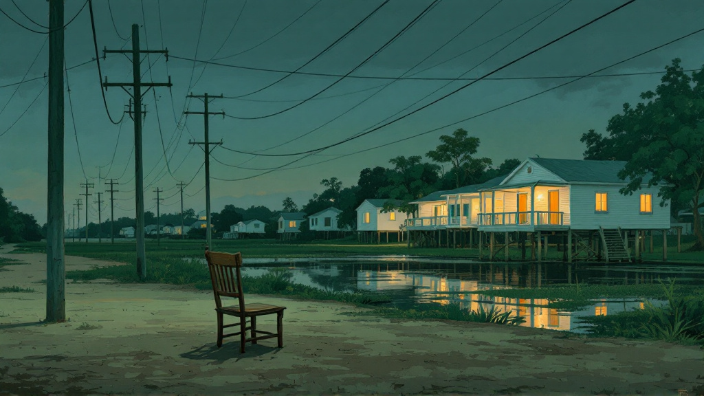 Power lines cross flat coastal land toward glowing white wooden houses, with an empty chair at a table in the foreground.