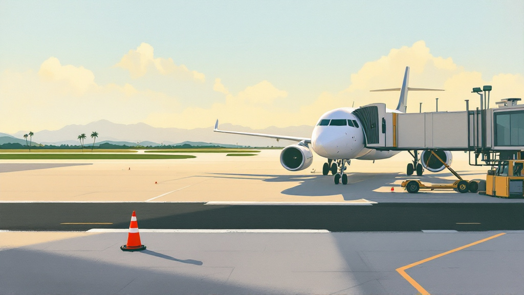 Passenger jet at a terminal boarding bridge on a flat tropical airfield, with fresh asphalt and a safety cone in the foreground.
