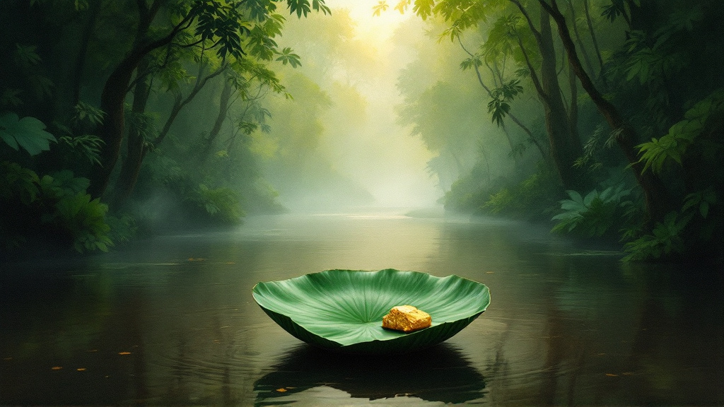 Rainforest canopy and brown river with a water lily leaf holding a balance scale weighing a green leaf against gold.