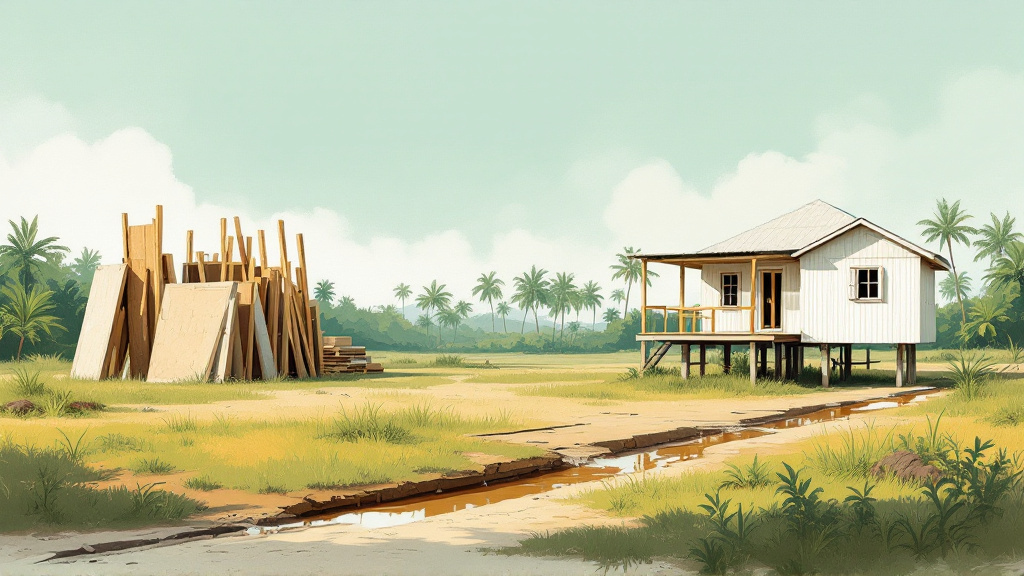 Empty house lot with new foundation posts and stacked timber beside a white wooden stilt house in coastal Guyana