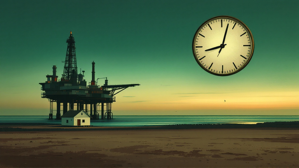 Oil platform on brown Atlantic waters beside a blank clock face, with Georgetown's sea wall and a white wooden house in foreground.