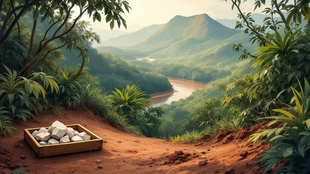 Rock core samples and survey stake on a jungle trail above rainforest and a brown river in Guyana's gold belt.