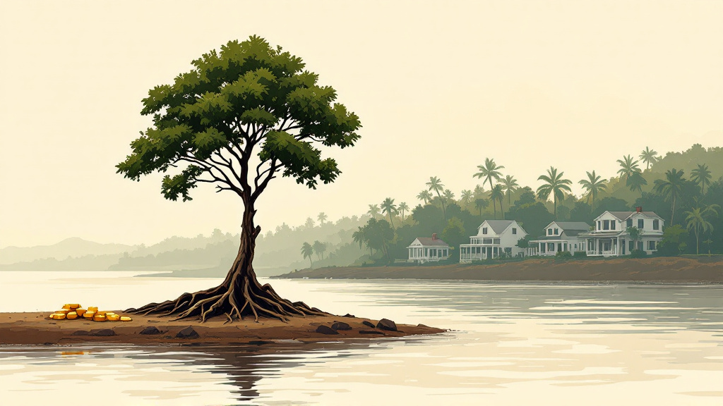 Rainforest tree with roots on gold and bauxite beside a brown river, with white Georgetown wooden houses beyond.