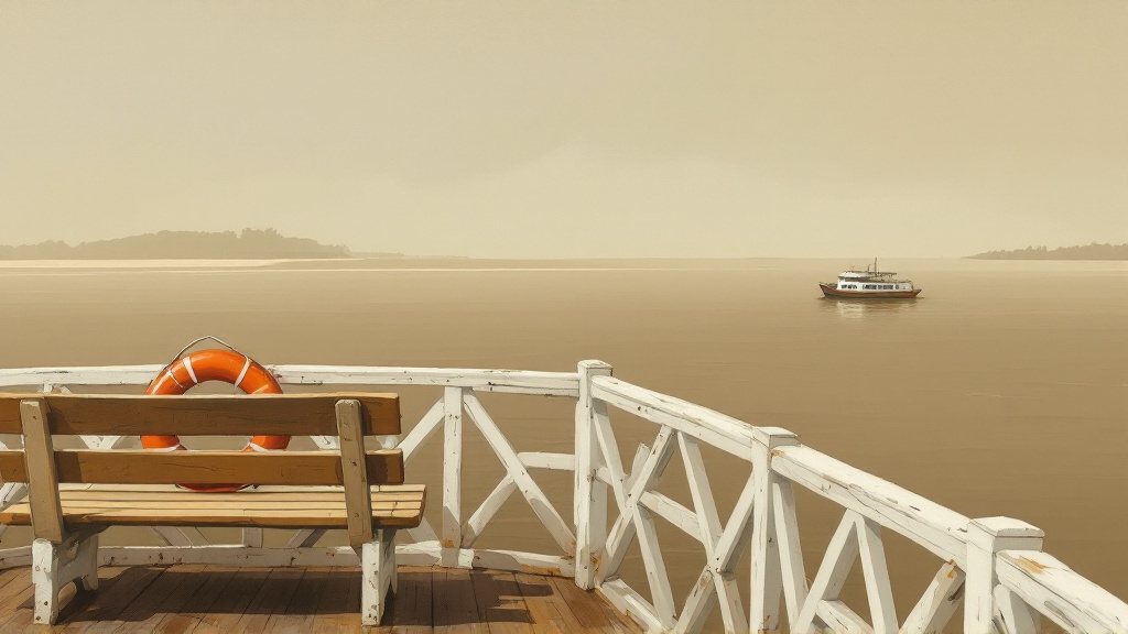 Lifebuoy on a ferry railing overlooking calm brown coastal water off Guyana's Essequibo coast at dawn.