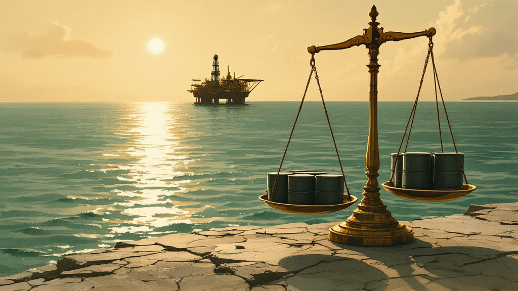 Balance scales weighing oil barrels in front of an offshore oil production vessel on a brown Atlantic sea.