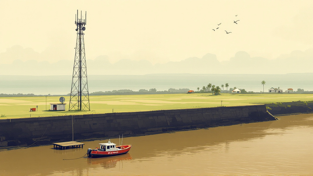 Radio mast and satellite dish on Guyana's flat coast above brown water, with a small rescue boat moored near the sea wall.