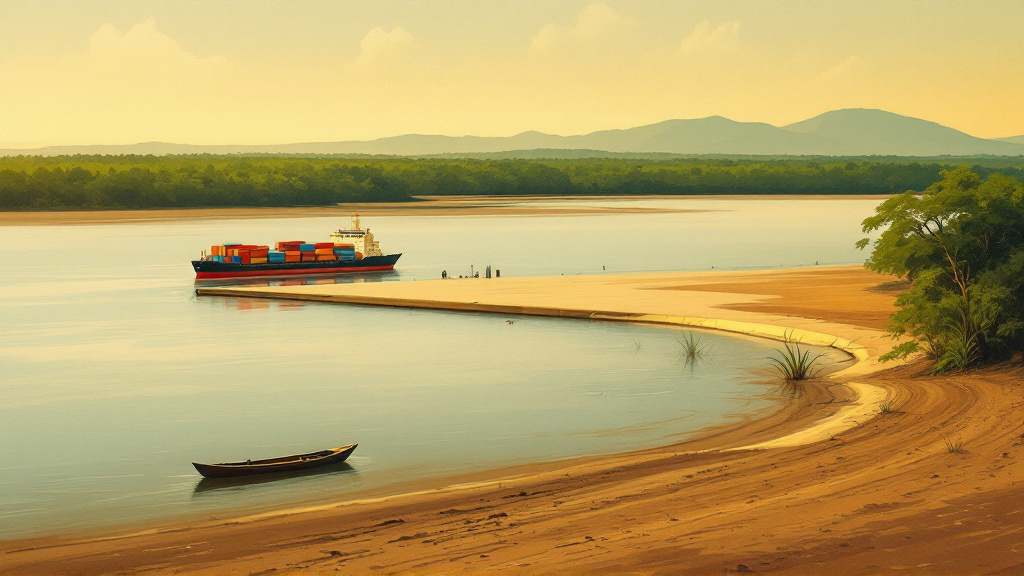 Container ship anchored off an empty new quay on a brown Guyanese river mouth, with a small wooden boat in front.