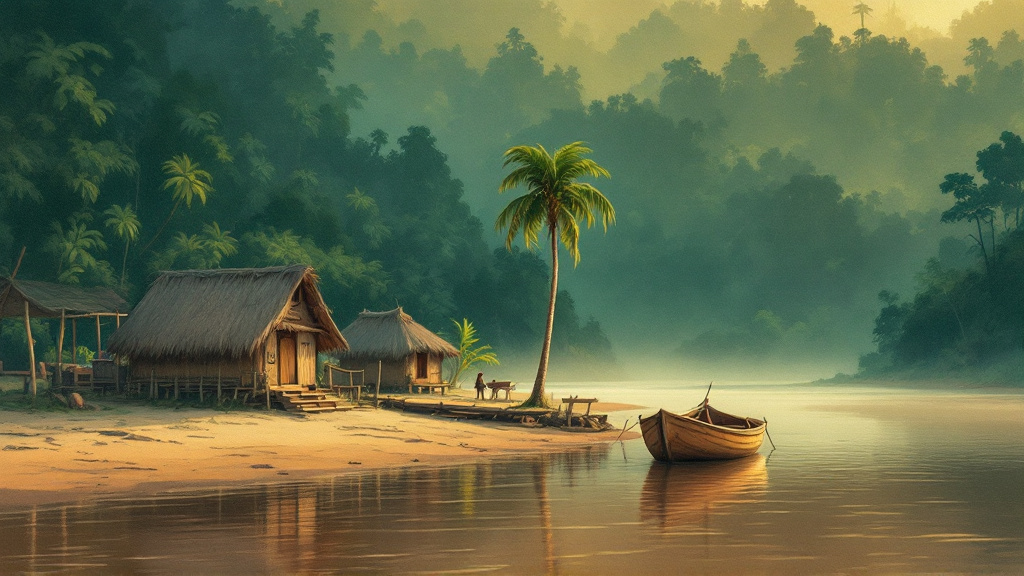 Thatched village houses and a wooden boat on a brown river bank beneath rainforest canopy at dawn.