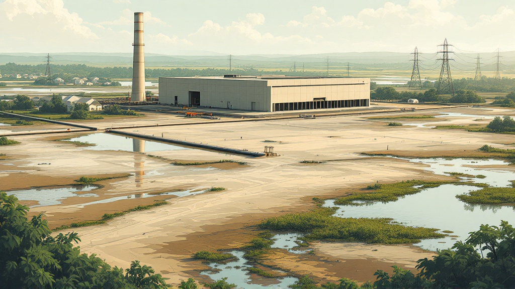 A lone new power plant hall on reclaimed marshland beside empty foundations, with a pipeline and power pylons stretching toward distant Guyanese houses.