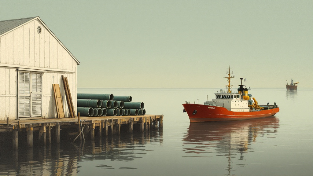Supply vessel and stacked pipe fittings on a wharf beside a brown river, with a distant offshore oil platform.
