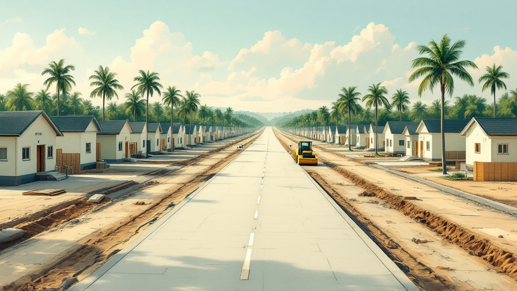 New concrete road crossing a housing scheme toward a distant four-lane highway, with pastel houses and road-building equipment.