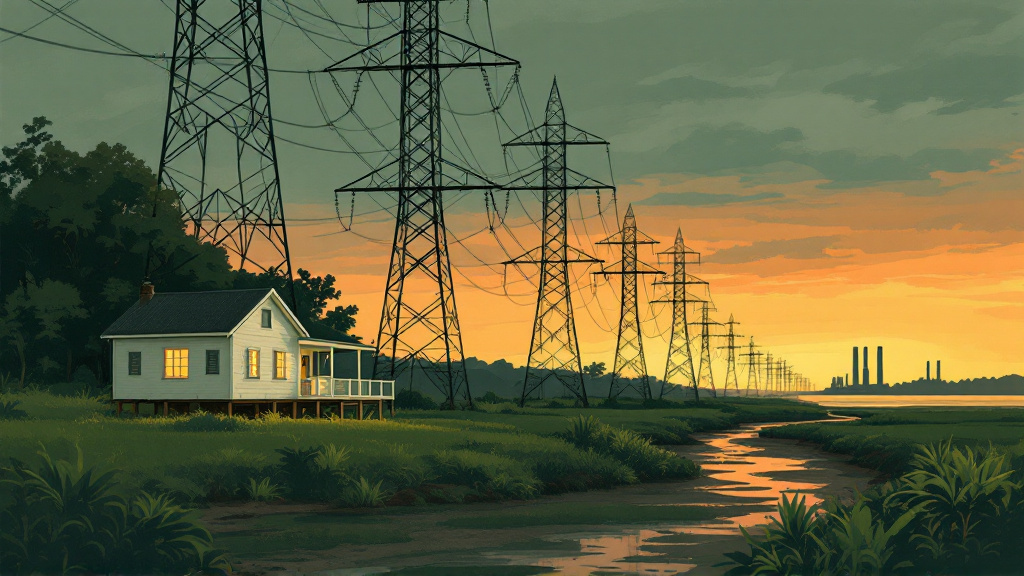Power pylons cross flat coastal Guyana toward a glowing white wooden house, with a power station on the horizon at dusk.
