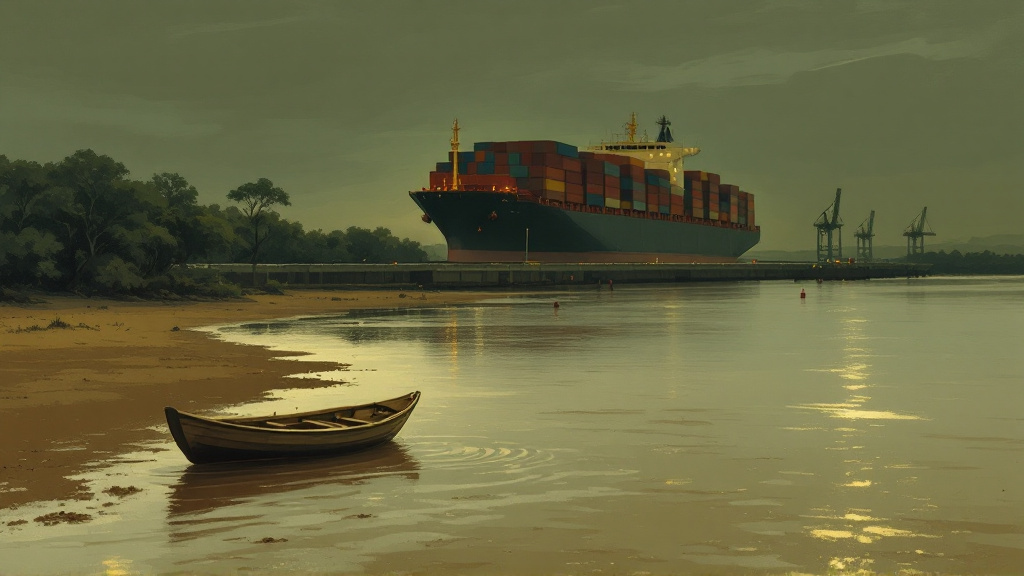 Large cargo ship and new quay cranes on a brown Guyanese estuary beside a small wooden river boat at dusk.