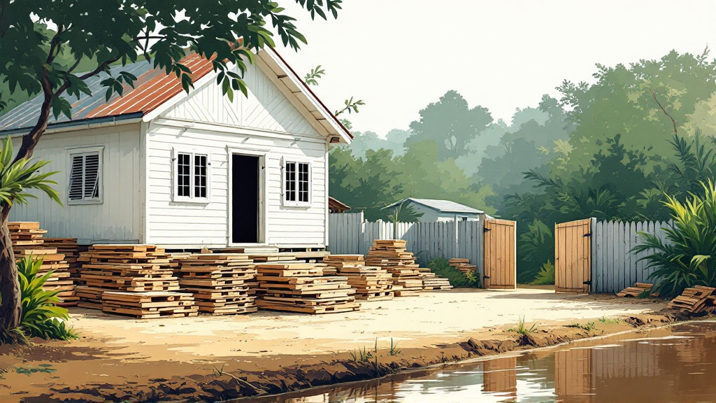 Stacked timber planks in a small yard beside a white wooden Georgetown house with louvred shutters and an open gate.