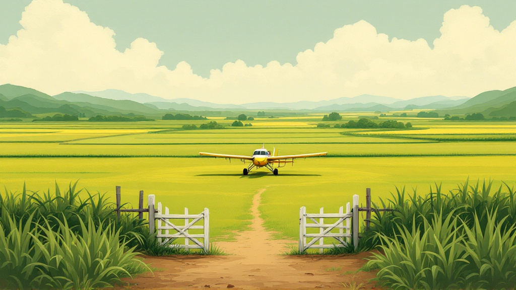 Crop-duster plane on a grass airstrip beside rice fields and a brown river, seen through a half-open white gate.