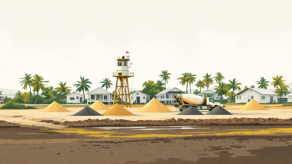 Gravel piles, an asphalt plant and a concrete mixer on flat land beside a brown canal on the Demerara coast.