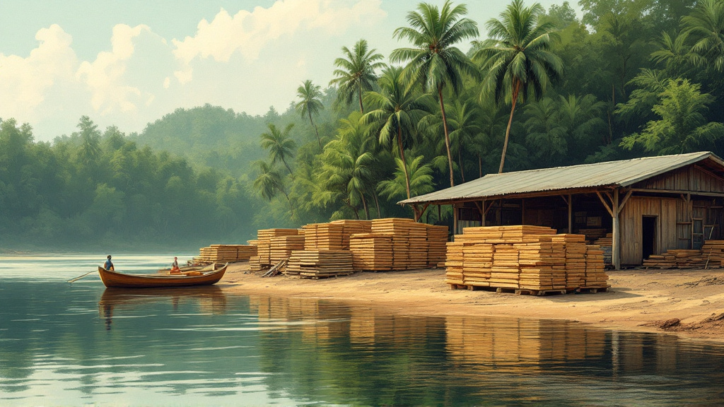 Stacked sawn timber and a wooden sawmill shed beside a brown river, with rainforest behind and a boat at the bank.