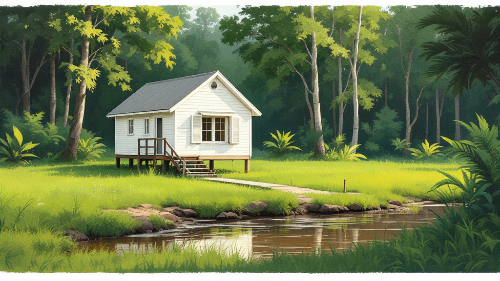 A small white stilted wooden guest house in a forest clearing beside a brown creek in Berbice.