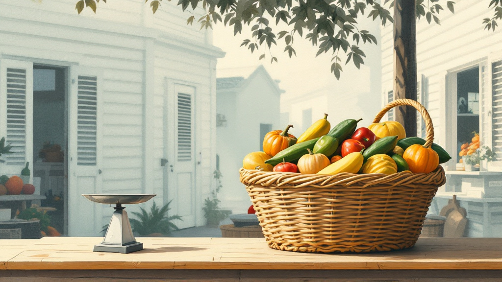 Basket of Guyanese vegetables beside a tipped balance scale in front of white wooden Georgetown market buildings